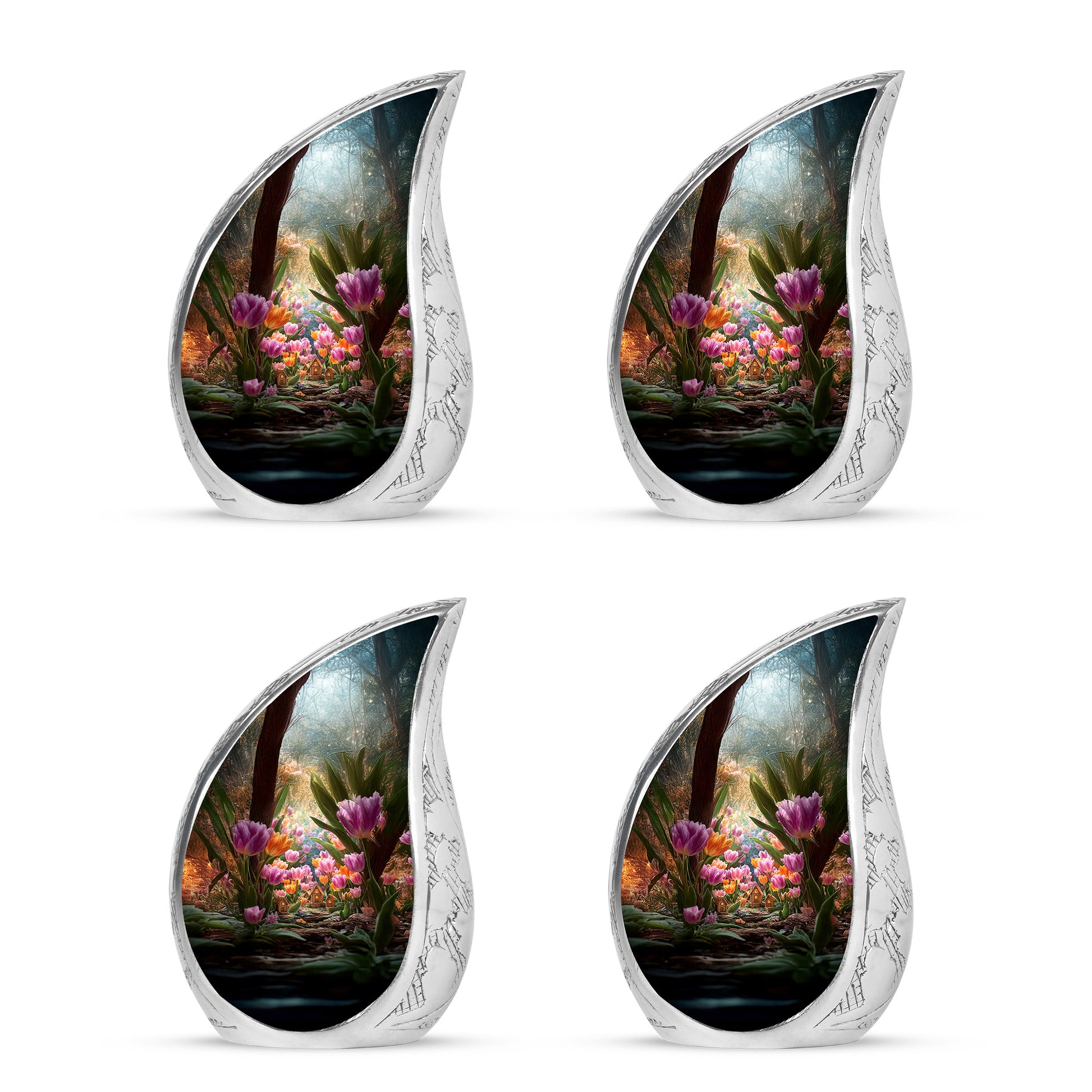 Antique Gold Garden Tulip Cremation Urn close-up of engraving and surface detail - flowing teardrop garden tulip silhouette on curved aluminum - 10 inch aluminum urn for cremated remains