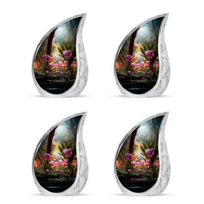 Antique Gold Garden Tulip Cremation Urn close-up of engraving and surface detail - flowing teardrop garden tulip silhouette on curved aluminum - 10 inch aluminum urn for cremated remains