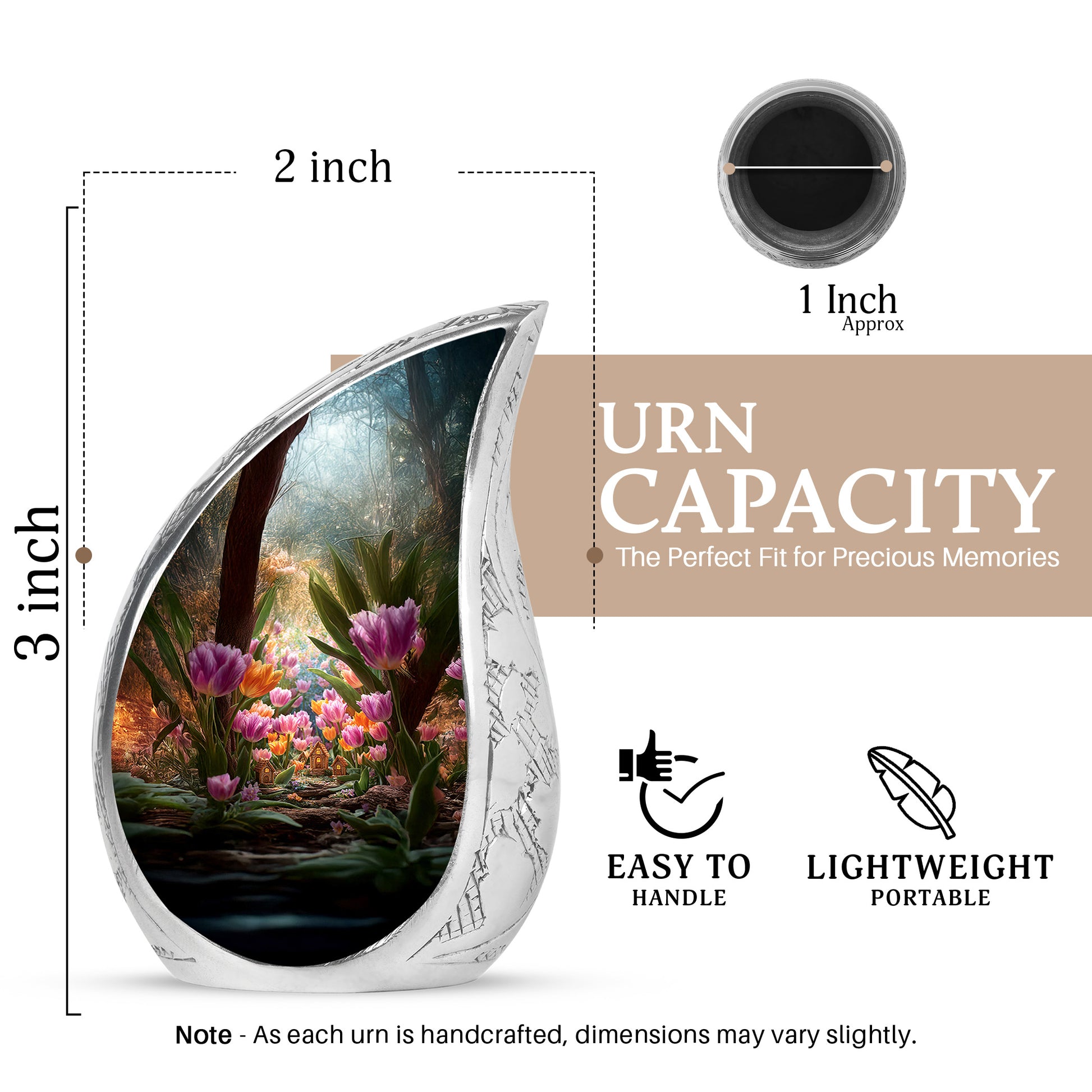 Warm Gold Garden Tulip Cremation Urn angled view of lid and engraved motif - graceful tear-shaped urn with garden tulip motif - mini keepsake memorial for portion of cremation ashes