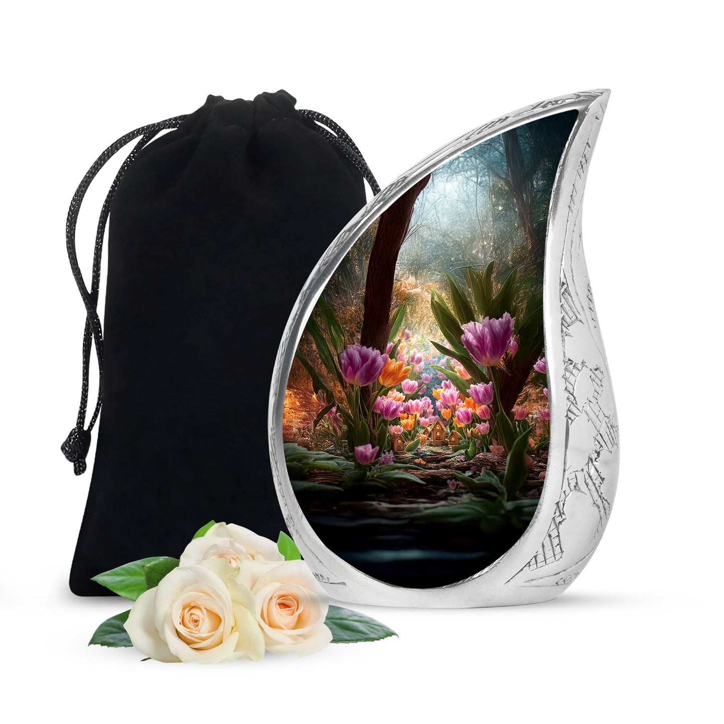 Royal Gold Garden Tulip Cremation Urn front view showing detailed design - graceful tear-shaped urn with garden tulip motif - full-size 10 inch 200 cubic inch adult cremation urn