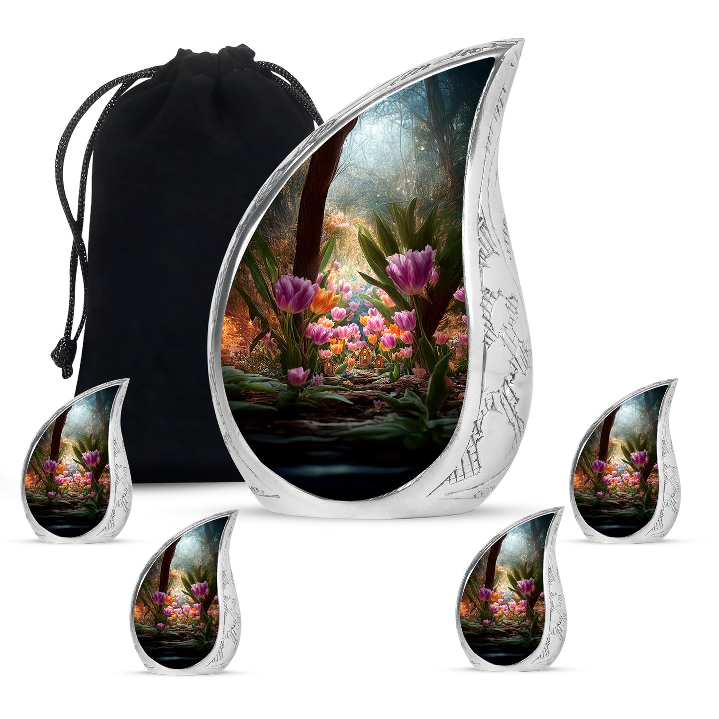 Matte Gold Garden Tulip Cremation Urn side profile showing urn shape - smooth teardrop contour featuring garden tulip art - memorial set with one large and four small urns