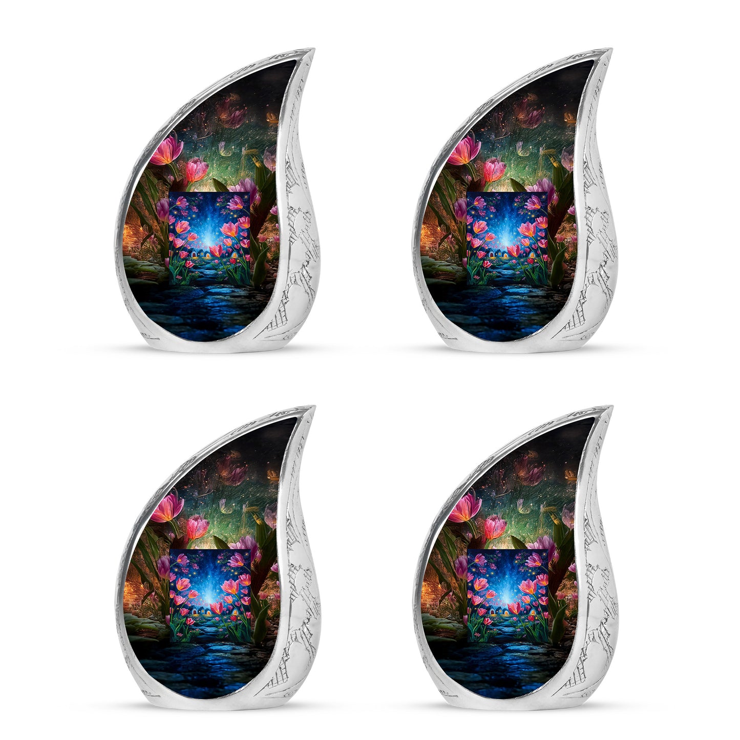 Matte Gold Garden Tulip Cremation Urn close-up of engraving and surface detail - smooth teardrop contour featuring garden tulip art - 10 inch aluminum urn for cremated remains