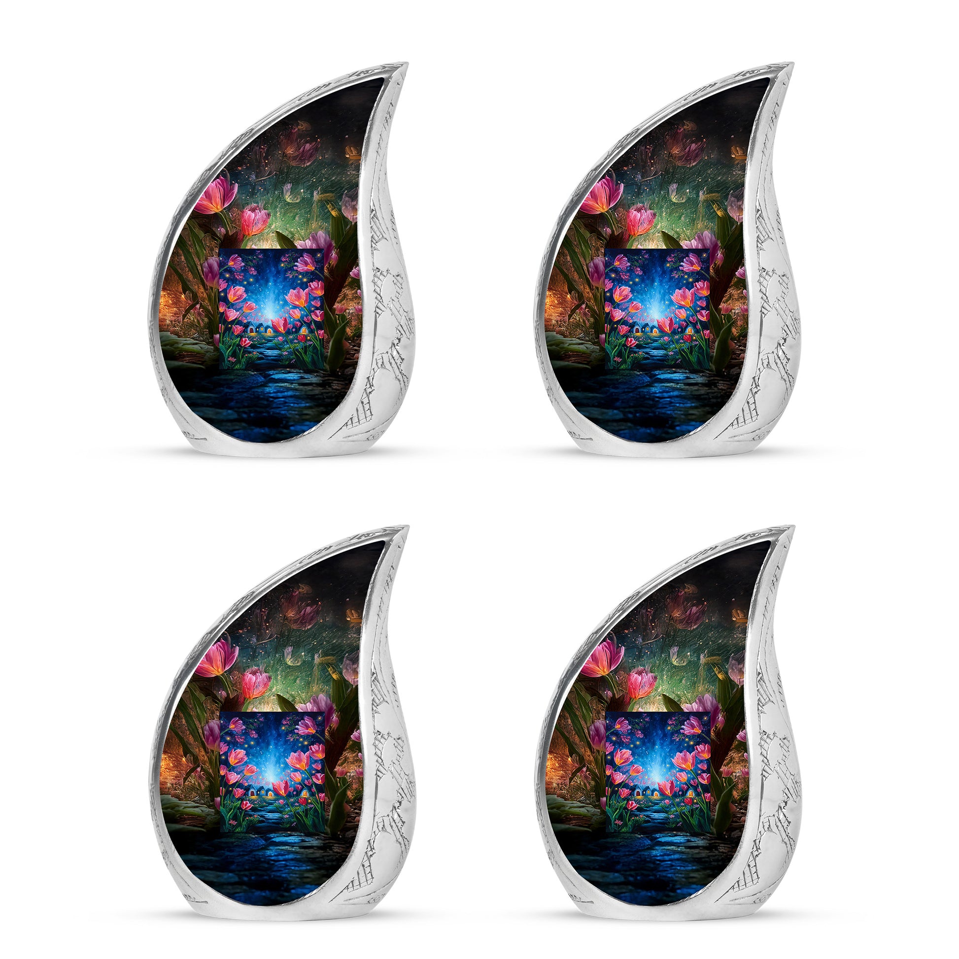 Matte Gold Garden Tulip Cremation Urn close-up of engraving and surface detail - smooth teardrop contour featuring garden tulip art - 10 inch aluminum urn for cremated remains
