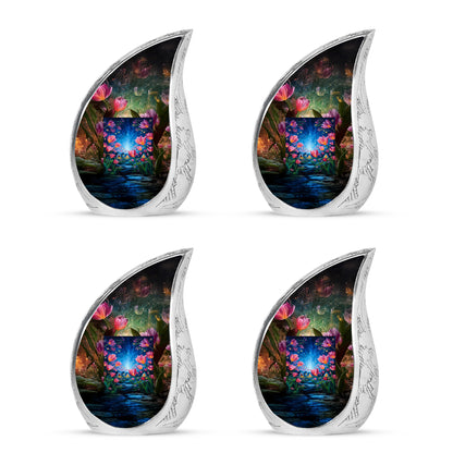 Matte Gold Garden Tulip Cremation Urn close-up of engraving and surface detail - smooth teardrop contour featuring garden tulip art - 10 inch aluminum urn for cremated remains