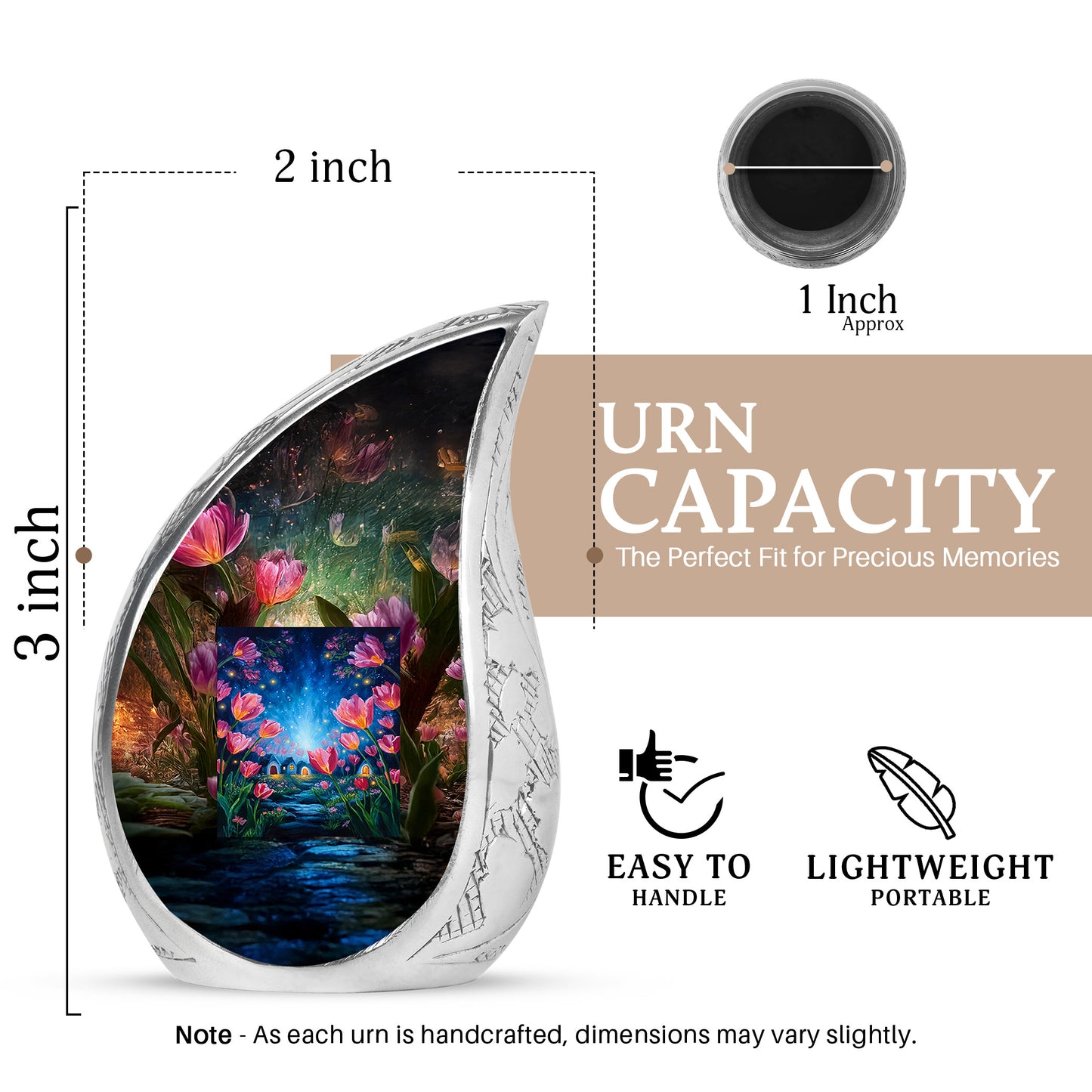 Amber Gold Garden Tulip Cremation Urn angled view of lid and engraved motif - rounded teardrop garden tulip design with delicate detail - mini keepsake memorial for portion of cremation ashes