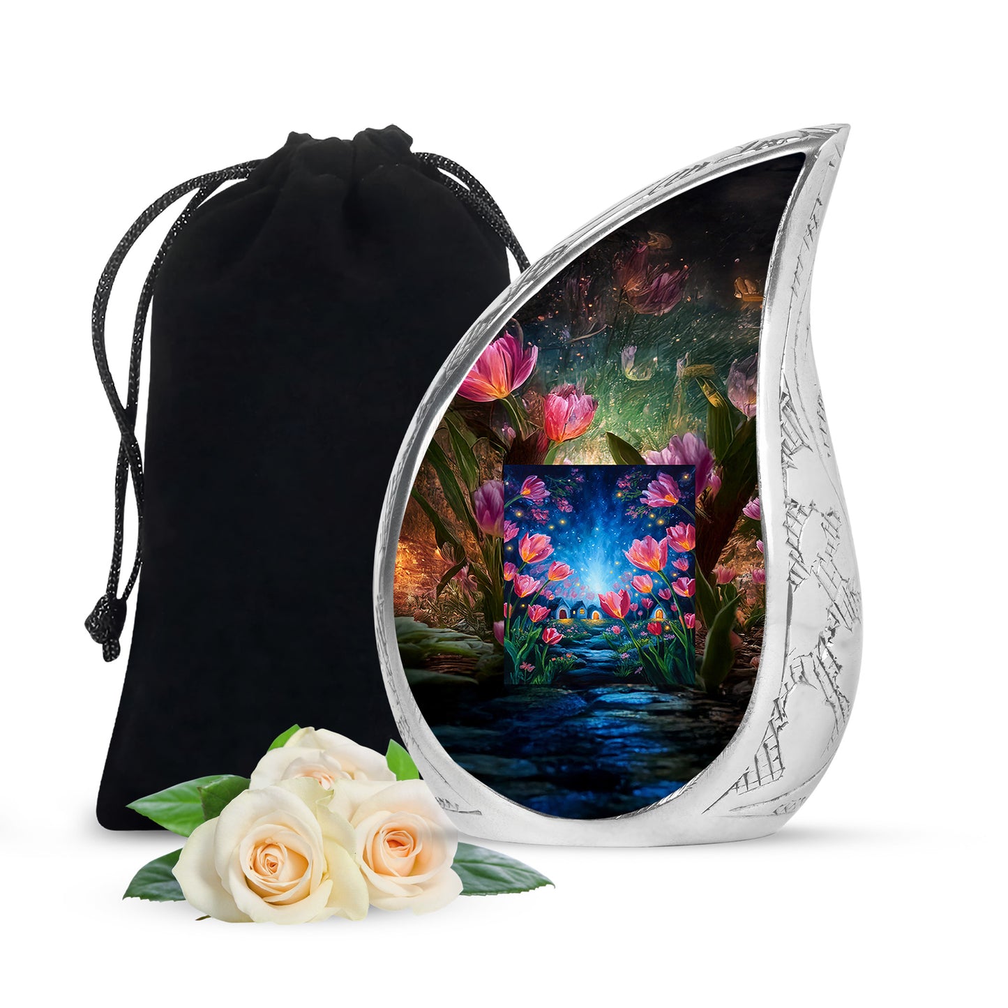 Gilded Gold Garden Tulip Cremation Urn front view showing detailed design - flowing teardrop garden tulip silhouette on curved aluminum - full-size 10 inch 200 cubic inch adult cremation urn