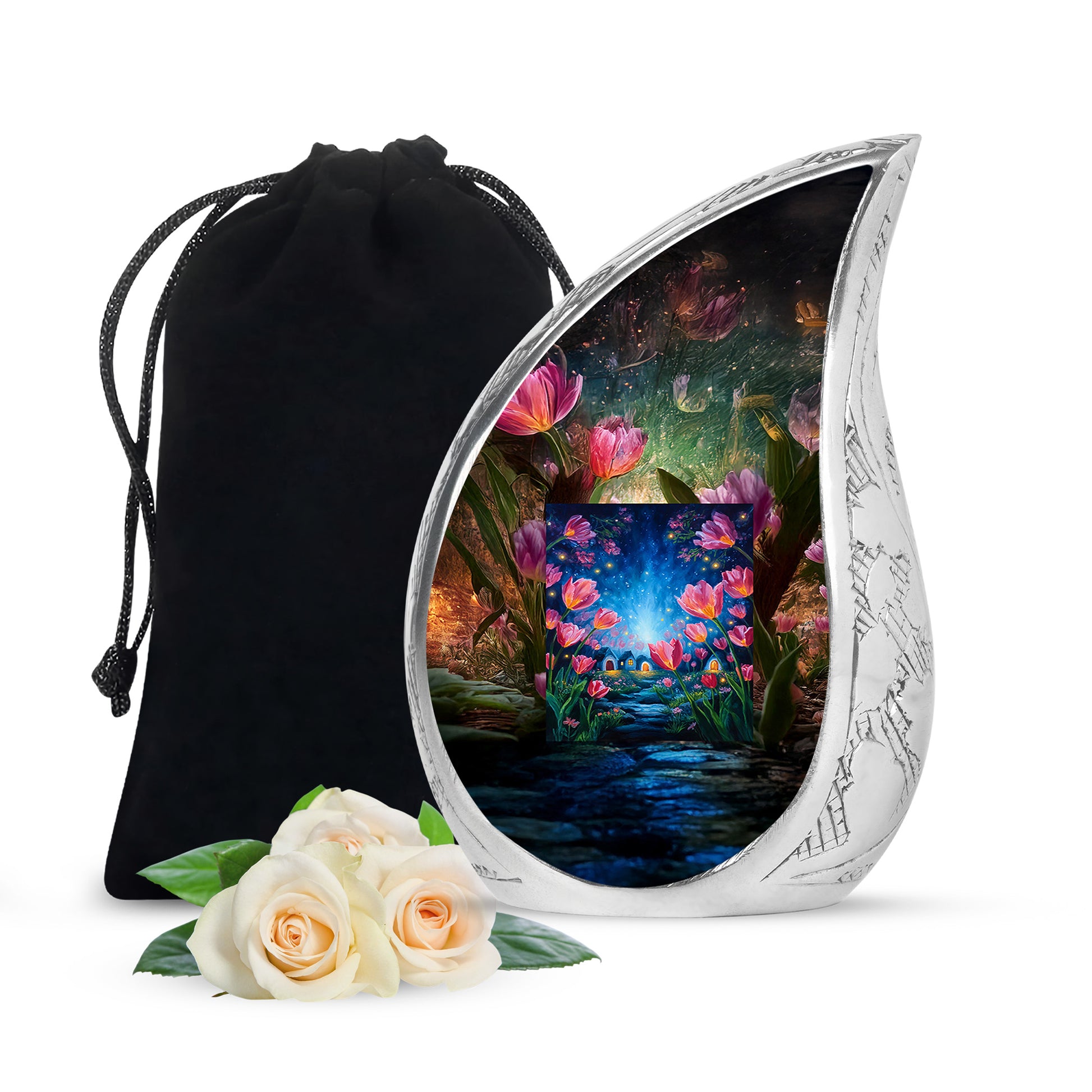 Gilded Gold Garden Tulip Cremation Urn front view showing detailed design - flowing teardrop garden tulip silhouette on curved aluminum - full-size 10 inch 200 cubic inch adult cremation urn