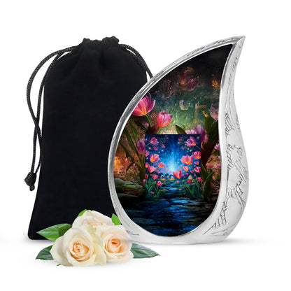Gilded Gold Garden Tulip Cremation Urn front view showing detailed design - flowing teardrop garden tulip silhouette on curved aluminum - full-size 10 inch 200 cubic inch adult cremation urn