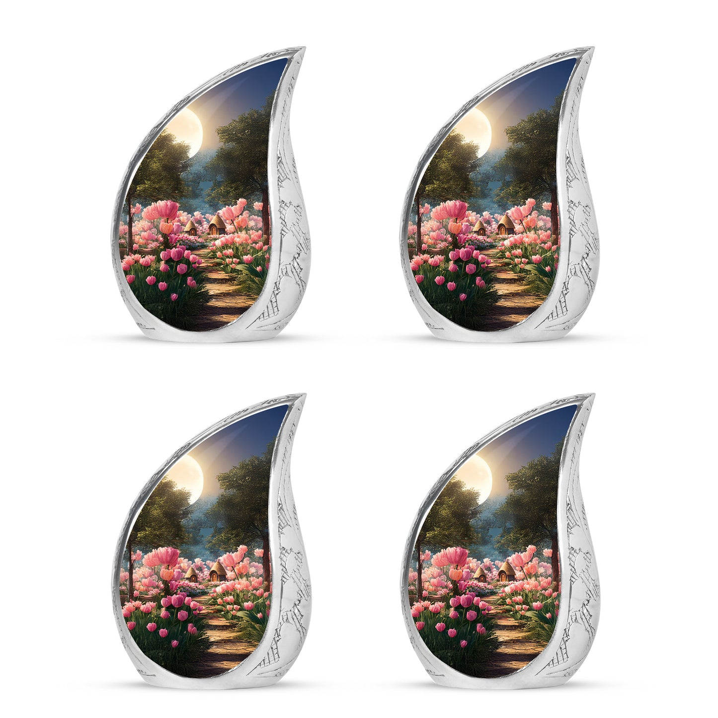 Obsidian Black Garden Tulip Cremation Urn close-up of engraving and surface detail - graceful tear-shaped urn with garden tulip motif - 10 inch aluminum urn for cremated remains