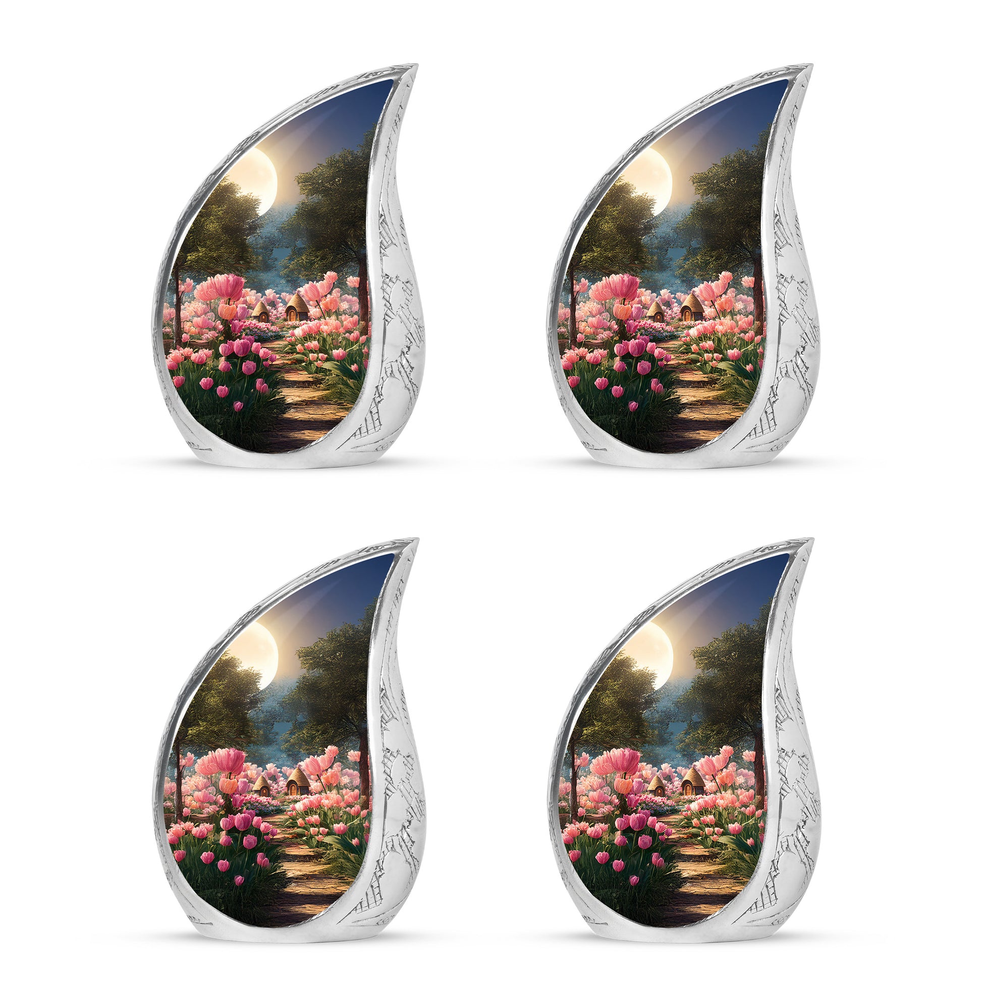 Obsidian Black Garden Tulip Cremation Urn close-up of engraving and surface detail - graceful tear-shaped urn with garden tulip motif - 10 inch aluminum urn for cremated remains