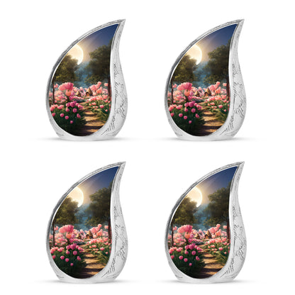 Obsidian Black Garden Tulip Cremation Urn close-up of engraving and surface detail - graceful tear-shaped urn with garden tulip motif - 10 inch aluminum urn for cremated remains