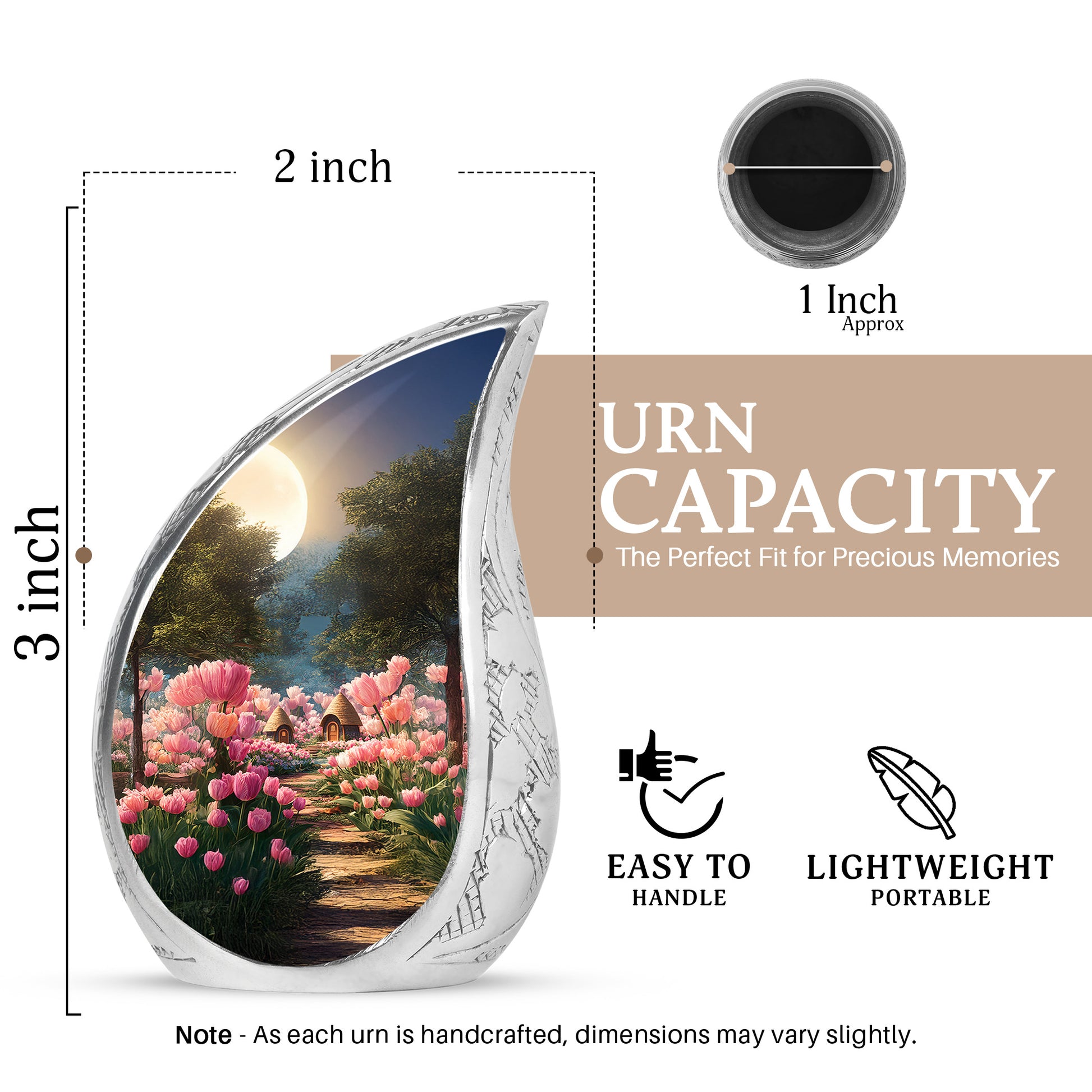 Jet Black Garden Tulip Cremation Urn angled view of lid and engraved motif - rounded teardrop garden tulip design with delicate detail - mini keepsake memorial for portion of cremation ashes
