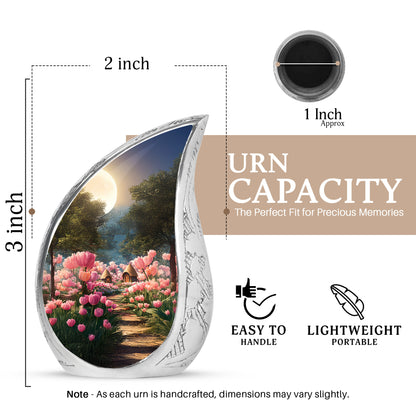 Jet Black Garden Tulip Cremation Urn angled view of lid and engraved motif - rounded teardrop garden tulip design with delicate detail - mini keepsake memorial for portion of cremation ashes