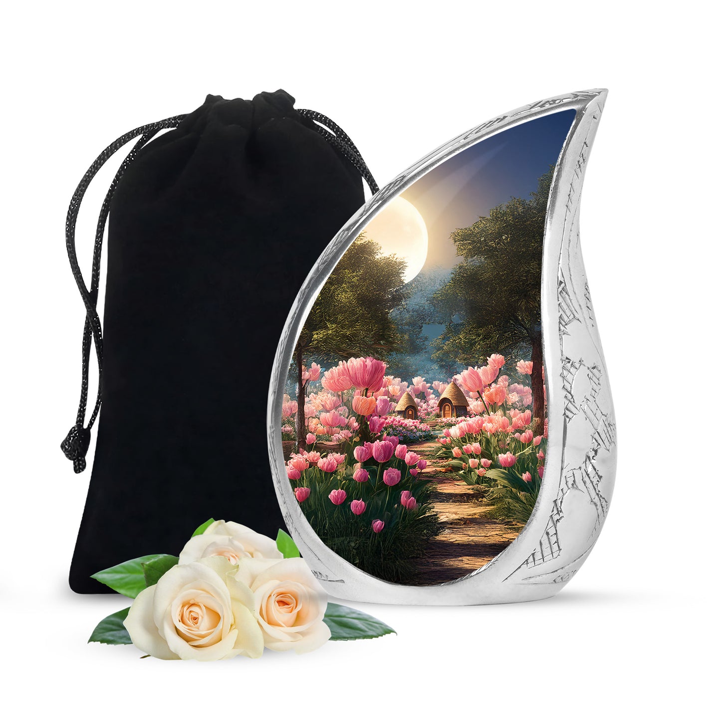 Glossy Black Garden Tulip Cremation Urn front view showing detailed design - flowing teardrop garden tulip silhouette on curved aluminum - full-size 10 inch 200 cubic inch adult cremation urn