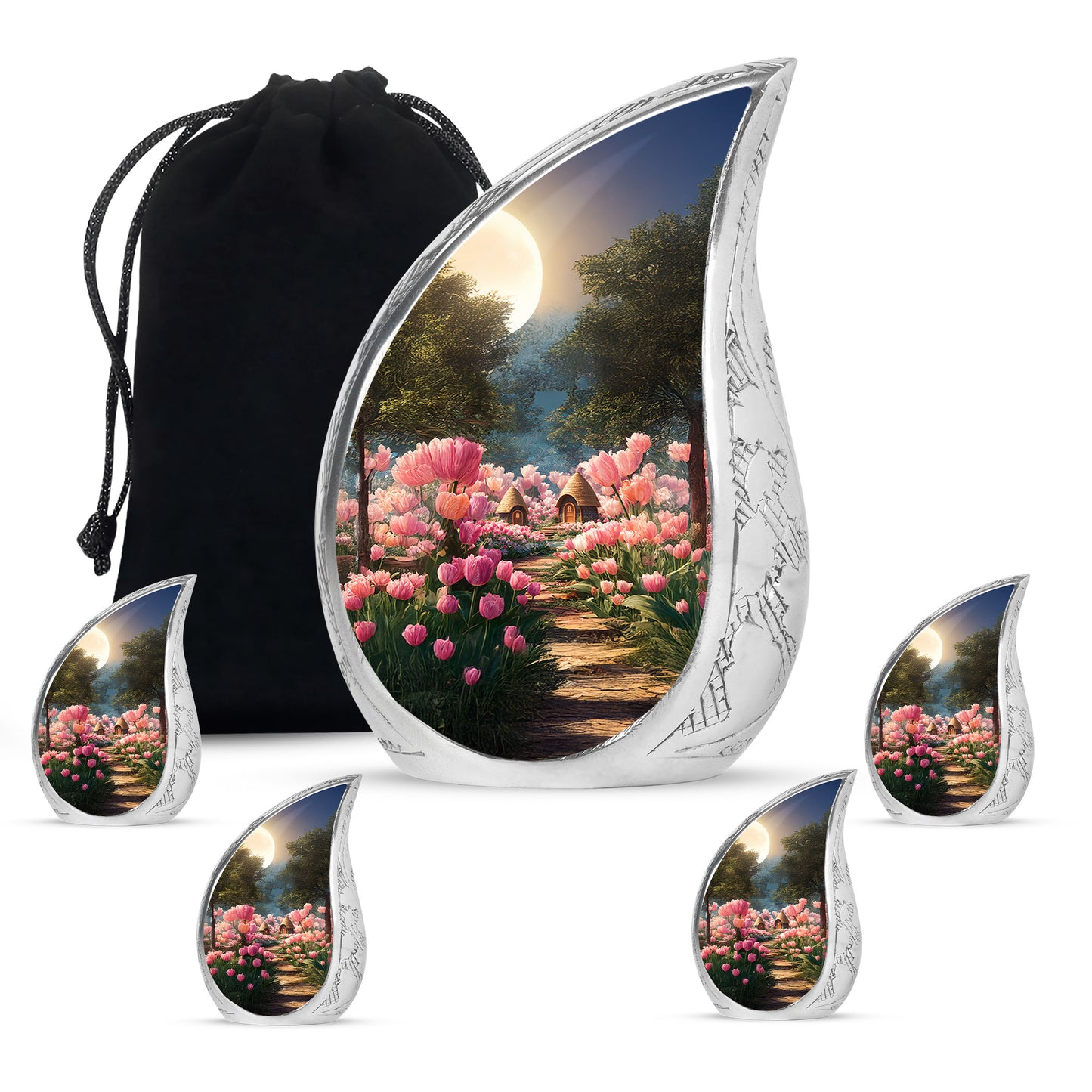 Ebony Garden Tulip Cremation Urn side profile showing urn shape - flowing teardrop garden tulip silhouette on curved aluminum - memorial set with one large and four small urns
