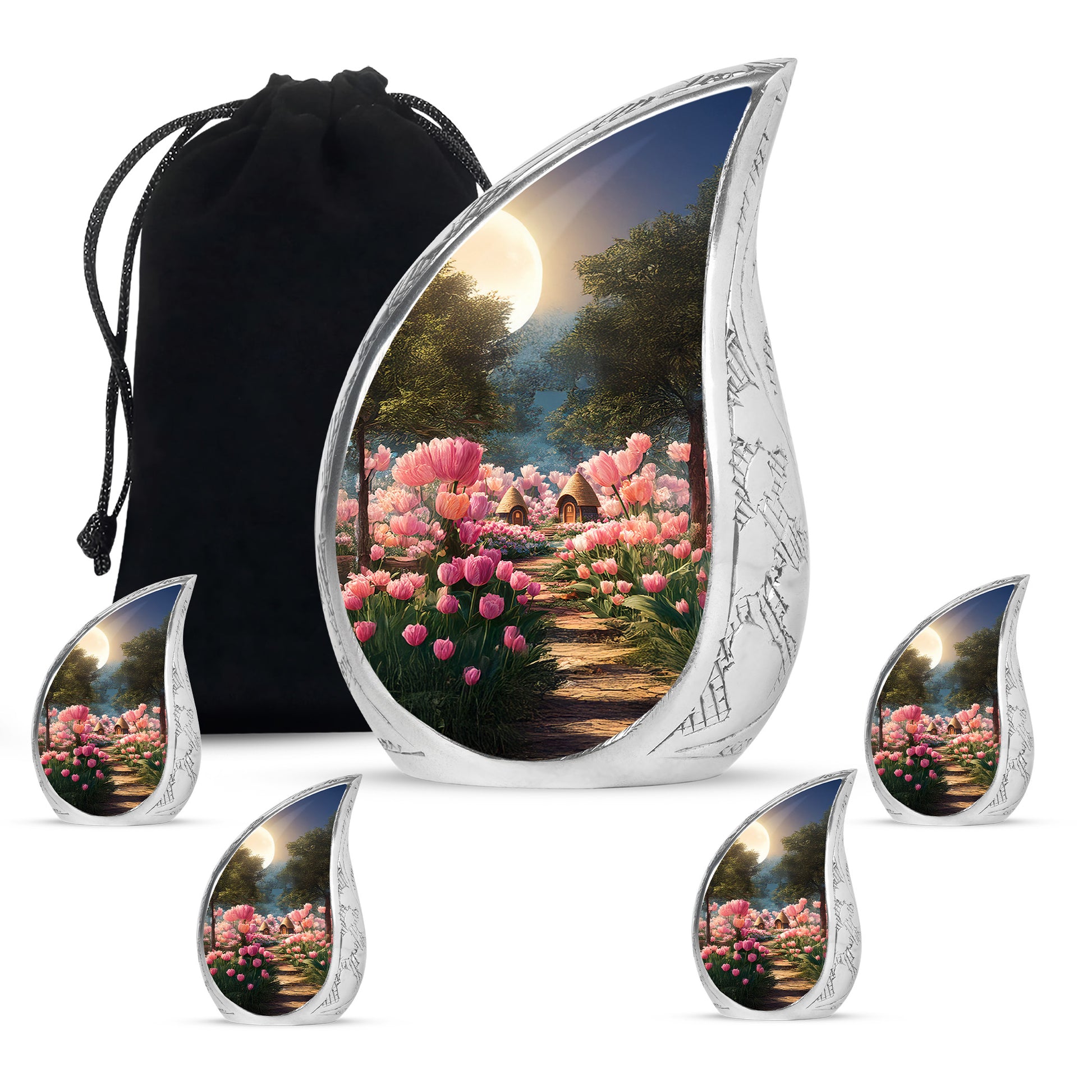 Ebony Garden Tulip Cremation Urn side profile showing urn shape - flowing teardrop garden tulip silhouette on curved aluminum - memorial set with one large and four small urns