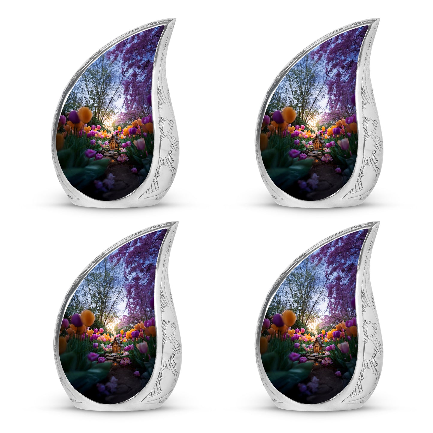 Smoke Gray Garden Tulip Cremation Urn close-up of engraving and surface detail - smooth teardrop contour featuring garden tulip art - 10 inch aluminum urn for cremated remains