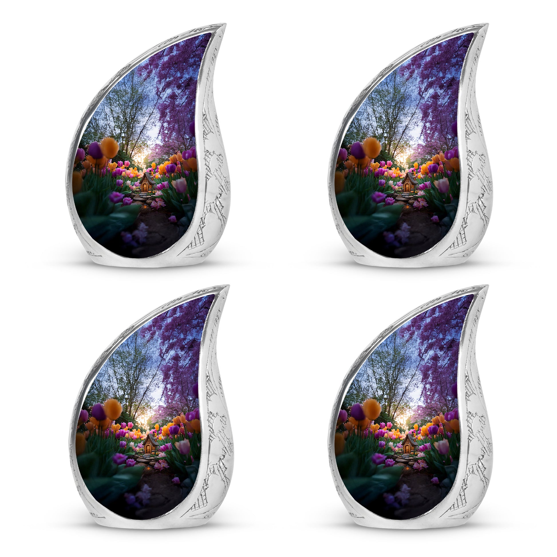 Smoke Gray Garden Tulip Cremation Urn close-up of engraving and surface detail - smooth teardrop contour featuring garden tulip art - 10 inch aluminum urn for cremated remains
