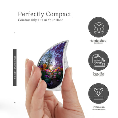 Steel Gray Garden Tulip Cremation Urn angled view of lid and engraved motif - graceful tear-shaped urn with garden tulip motif - mini keepsake memorial for portion of cremation ashes