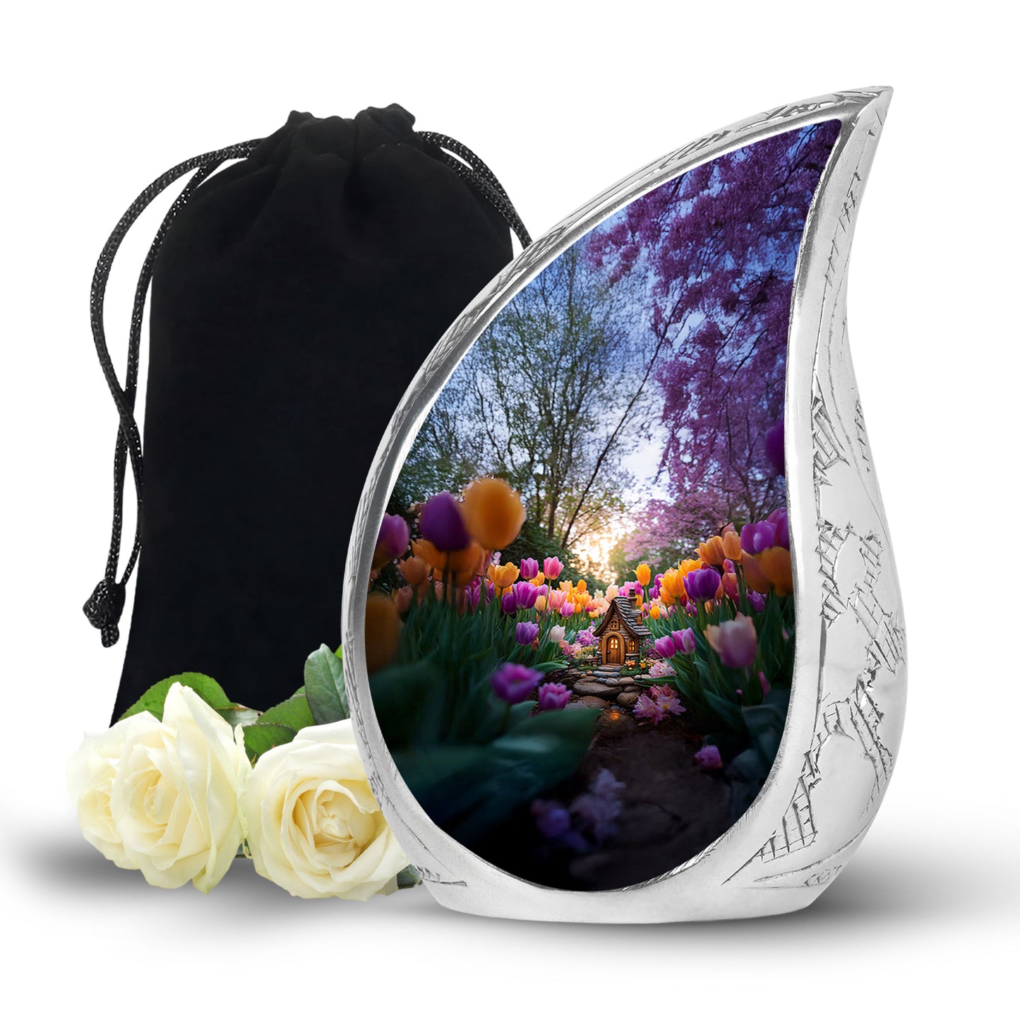Storm Gray Garden Tulip Cremation Urn front view showing detailed design - graceful tear-shaped urn with garden tulip motif - full-size 10 inch 200 cubic inch adult cremation urn