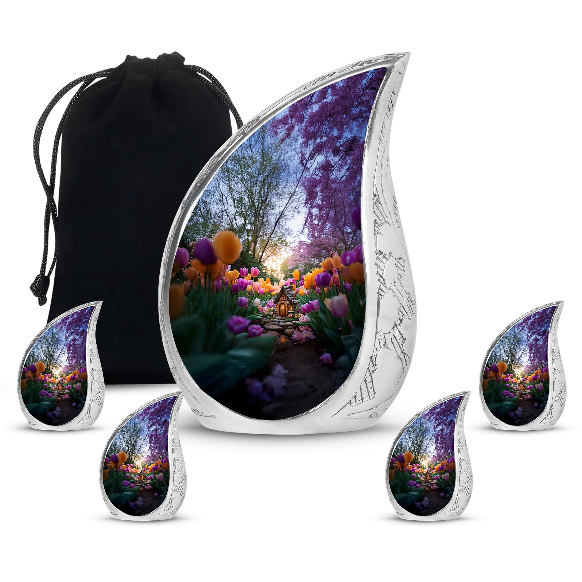 Steel Gray Garden Tulip Cremation Urn side profile showing urn shape - graceful tear-shaped urn with garden tulip motif - memorial set with one large and four small urns