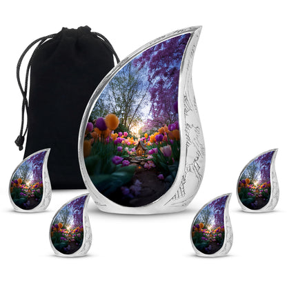 Steel Gray Garden Tulip Cremation Urn side profile showing urn shape - graceful tear-shaped urn with garden tulip motif - memorial set with one large and four small urns