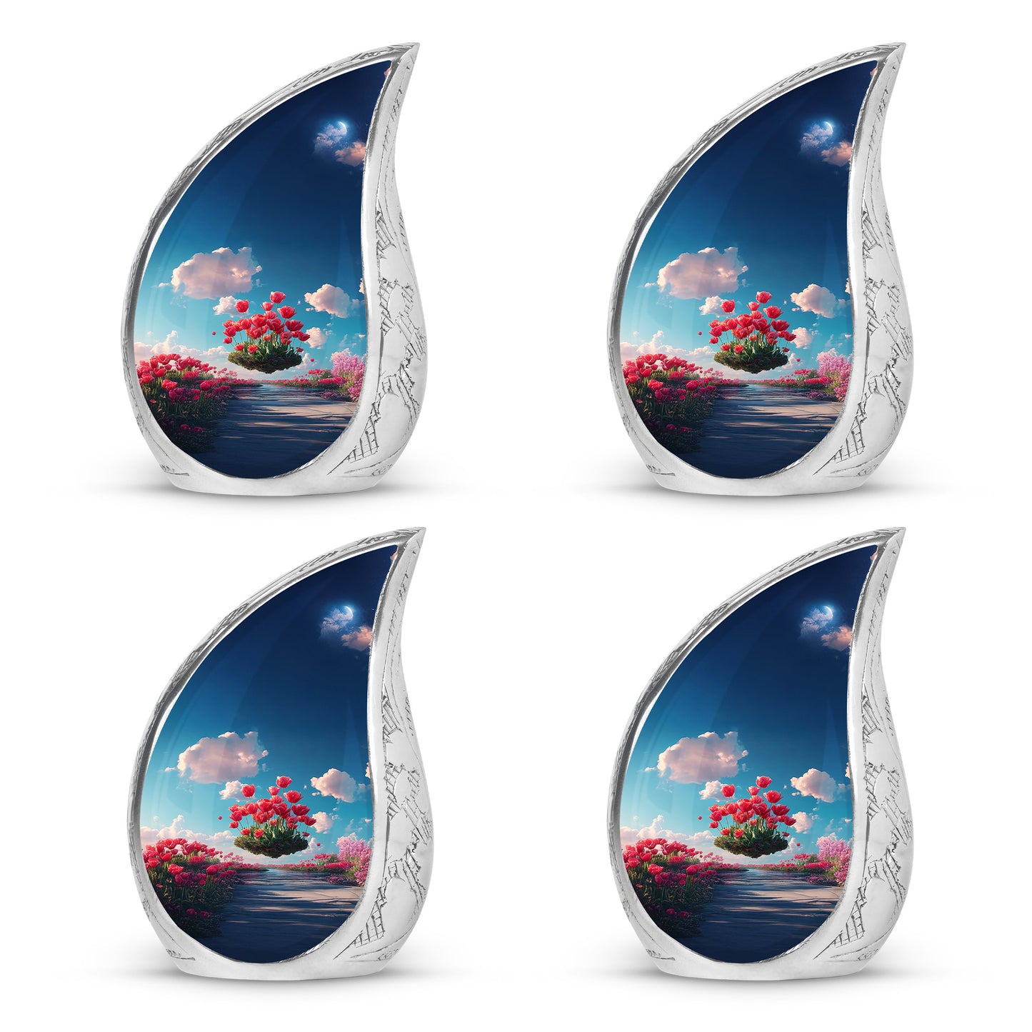Navy Blue Garden Tulip Cremation Urn close-up of engraving and surface detail - rounded teardrop garden tulip design with delicate detail - 10 inch aluminum urn for cremated remains
