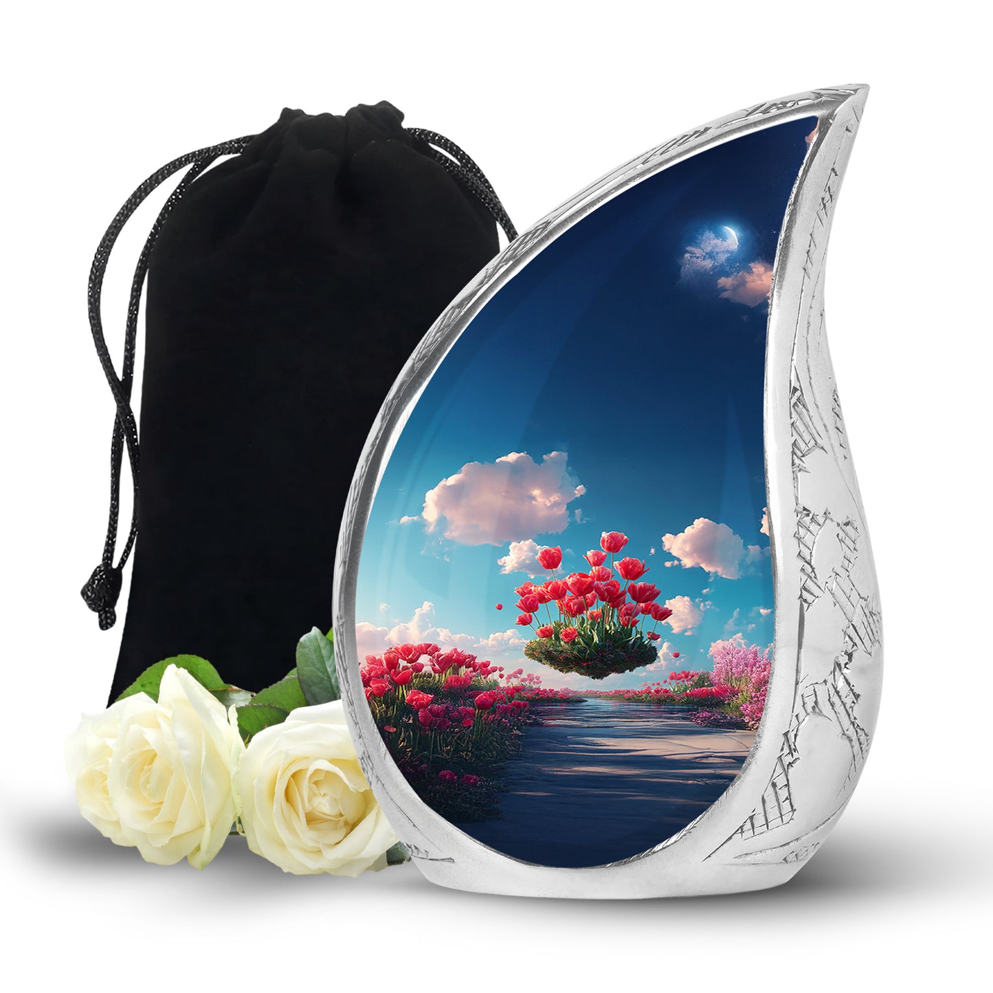 Calming Blue Garden Tulip Cremation Urn front view showing detailed design - smooth teardrop contour featuring garden tulip art - full-size 10 inch 200 cubic inch adult cremation urn