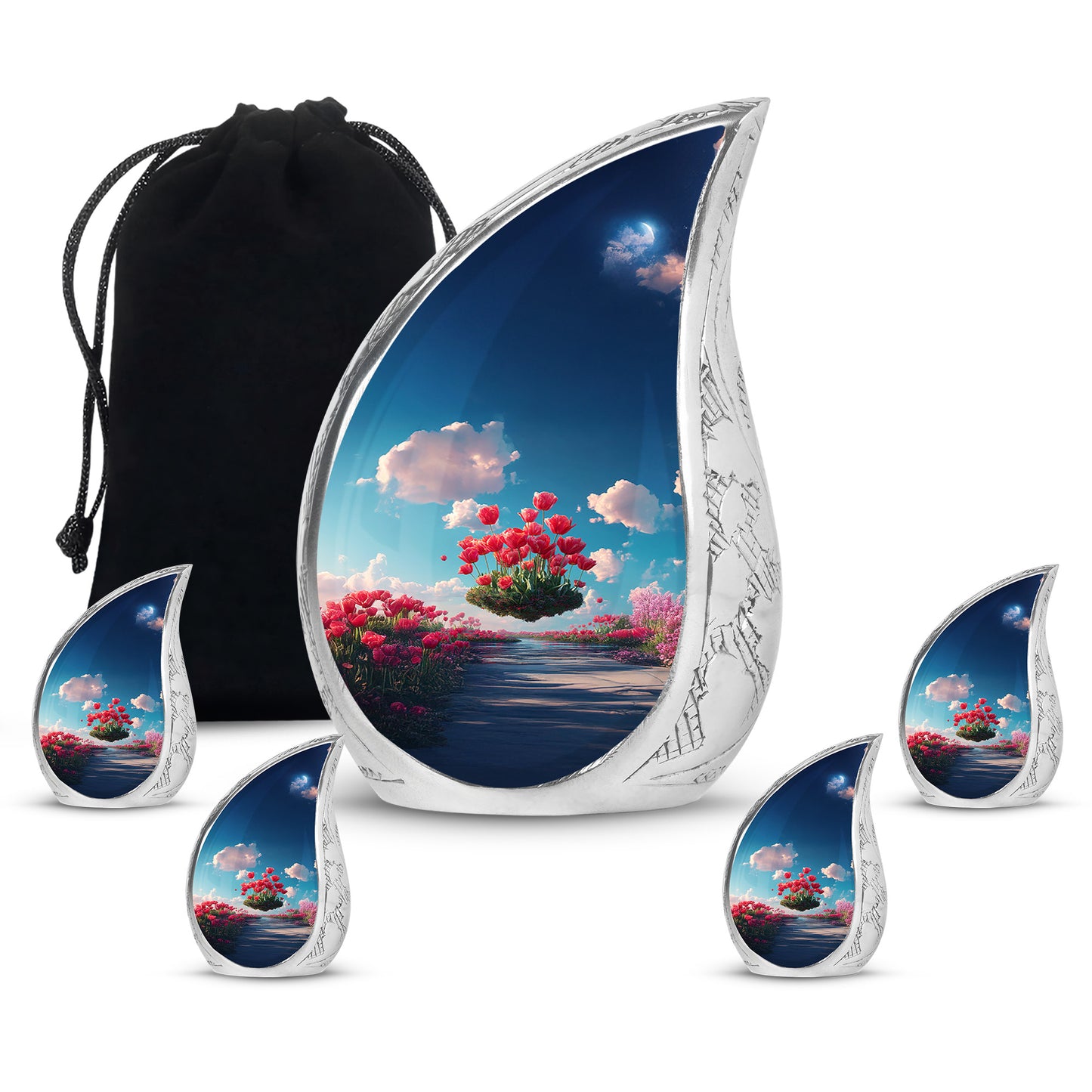 Cobalt Blue Garden Tulip Cremation Urn side profile showing urn shape - graceful tear-shaped urn with garden tulip motif - memorial set with one large and four small urns
