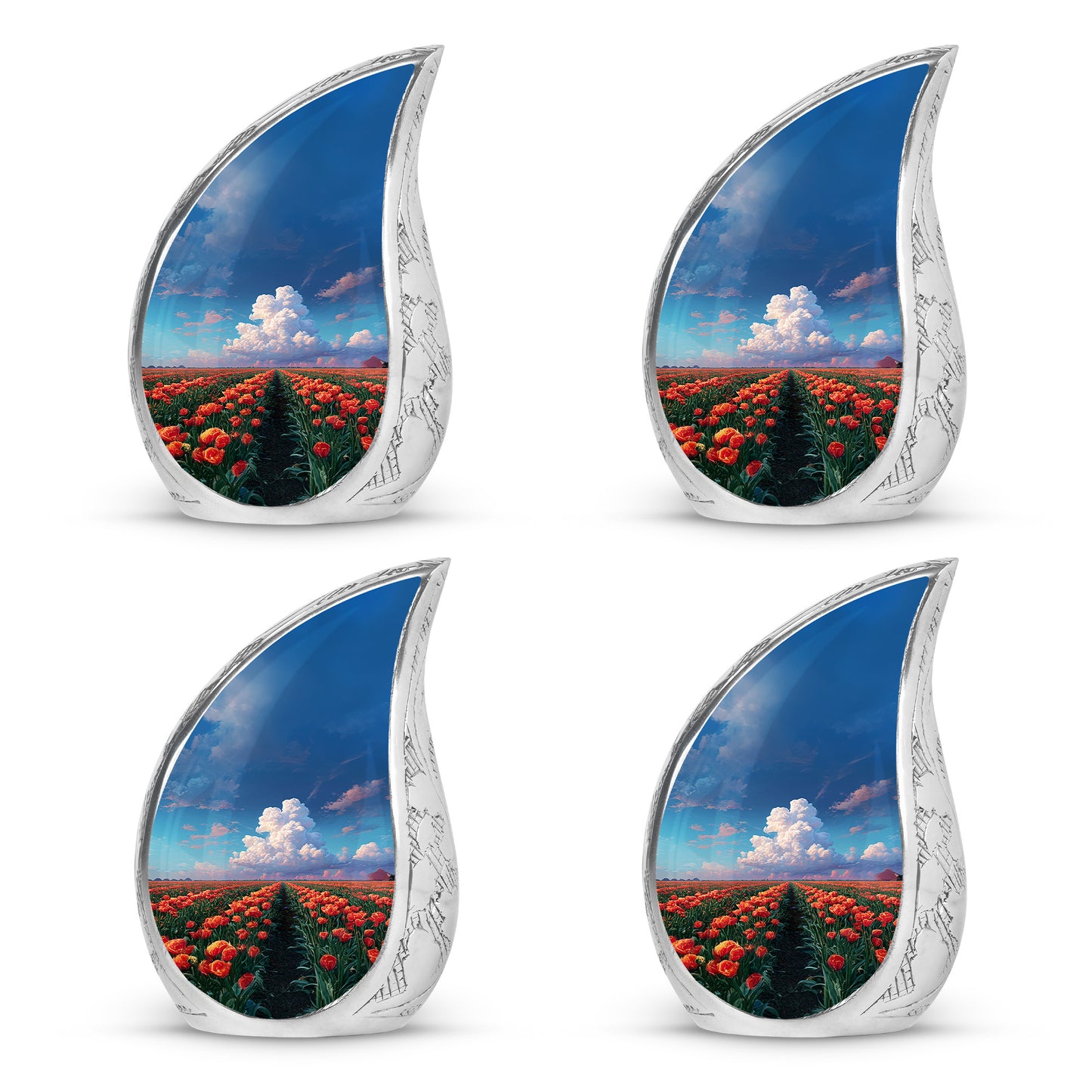Sky Blue Garden Tulip Cremation Urn close-up of engraving and surface detail - rounded teardrop garden tulip design with delicate detail - 10 inch aluminum urn for cremated remains