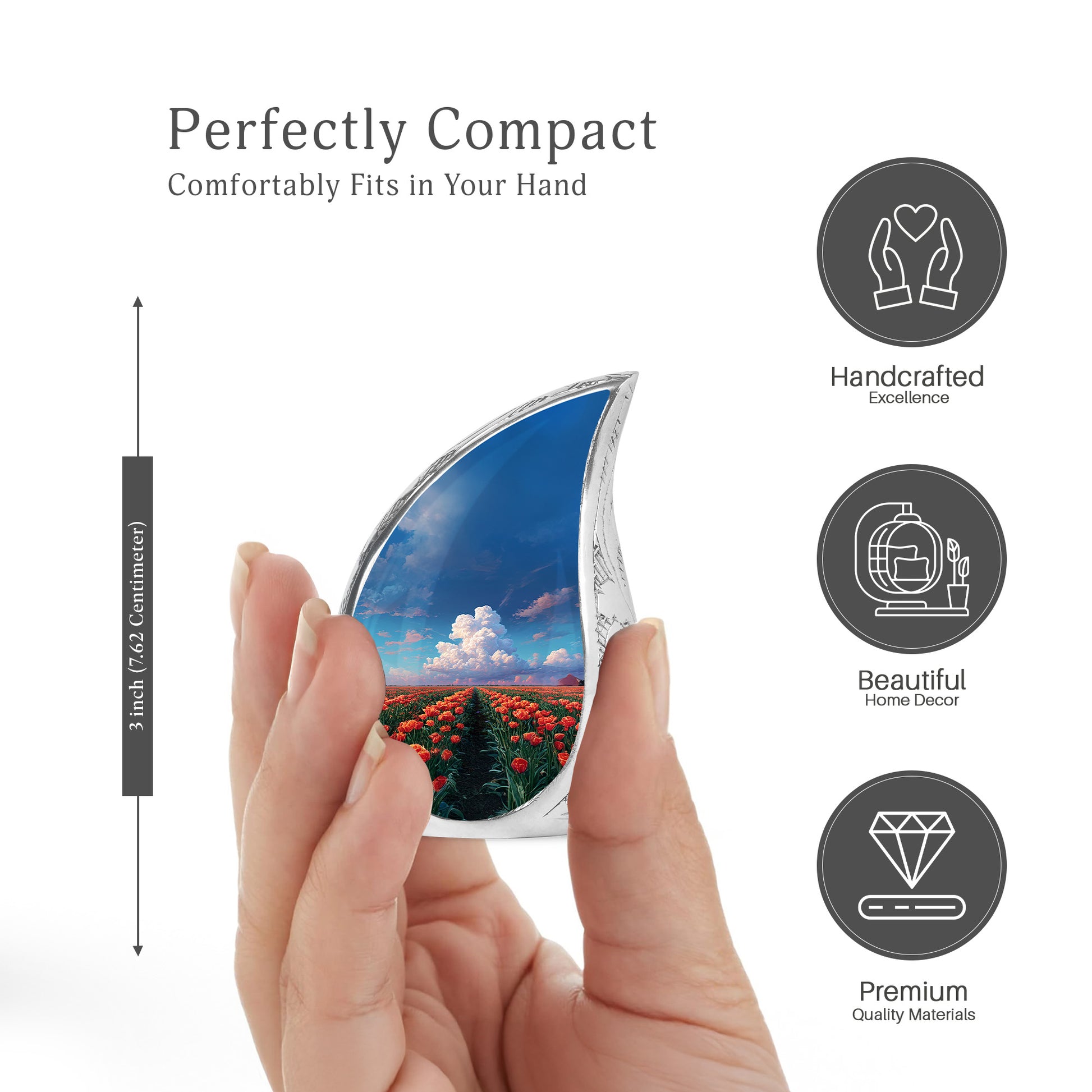 Pastel Blue Garden Tulip Cremation Urn angled view of lid and engraved motif - rounded teardrop garden tulip design with delicate detail - mini keepsake memorial for portion of cremation ashes