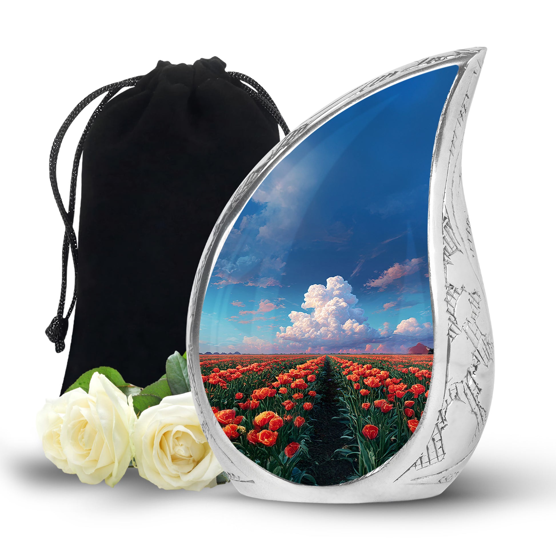 Indigo Garden Tulip Cremation Urn front view showing detailed design - flowing teardrop garden tulip silhouette on curved aluminum - full-size 10 inch 200 cubic inch adult cremation urn