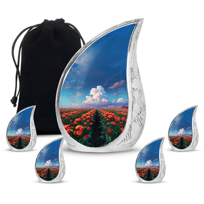 Icy Blue Garden Tulip Cremation Urn side profile showing urn shape - flowing teardrop garden tulip silhouette on curved aluminum - memorial set with one large and four small urns