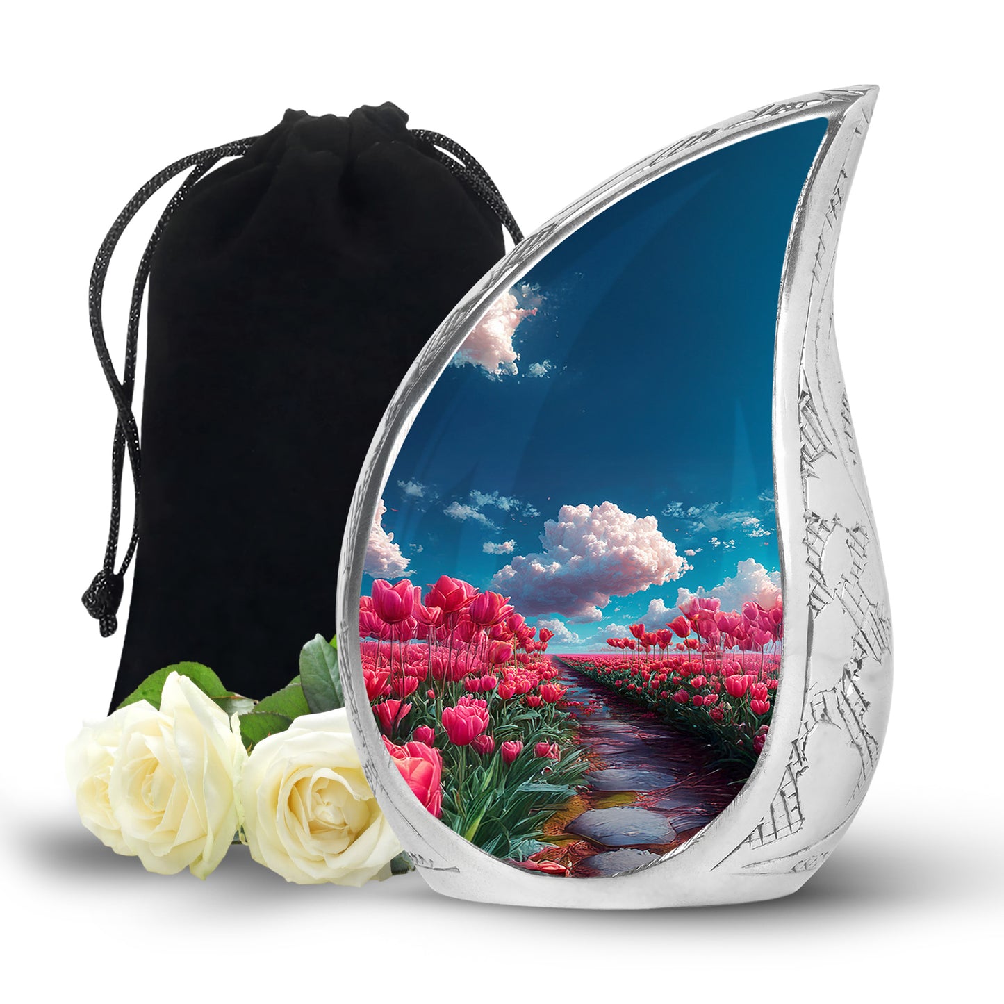 Icy Blue Garden Tulip Cremation Urn front view showing detailed design - rounded teardrop garden tulip design with delicate detail - full-size 10 inch 200 cubic inch adult cremation urn