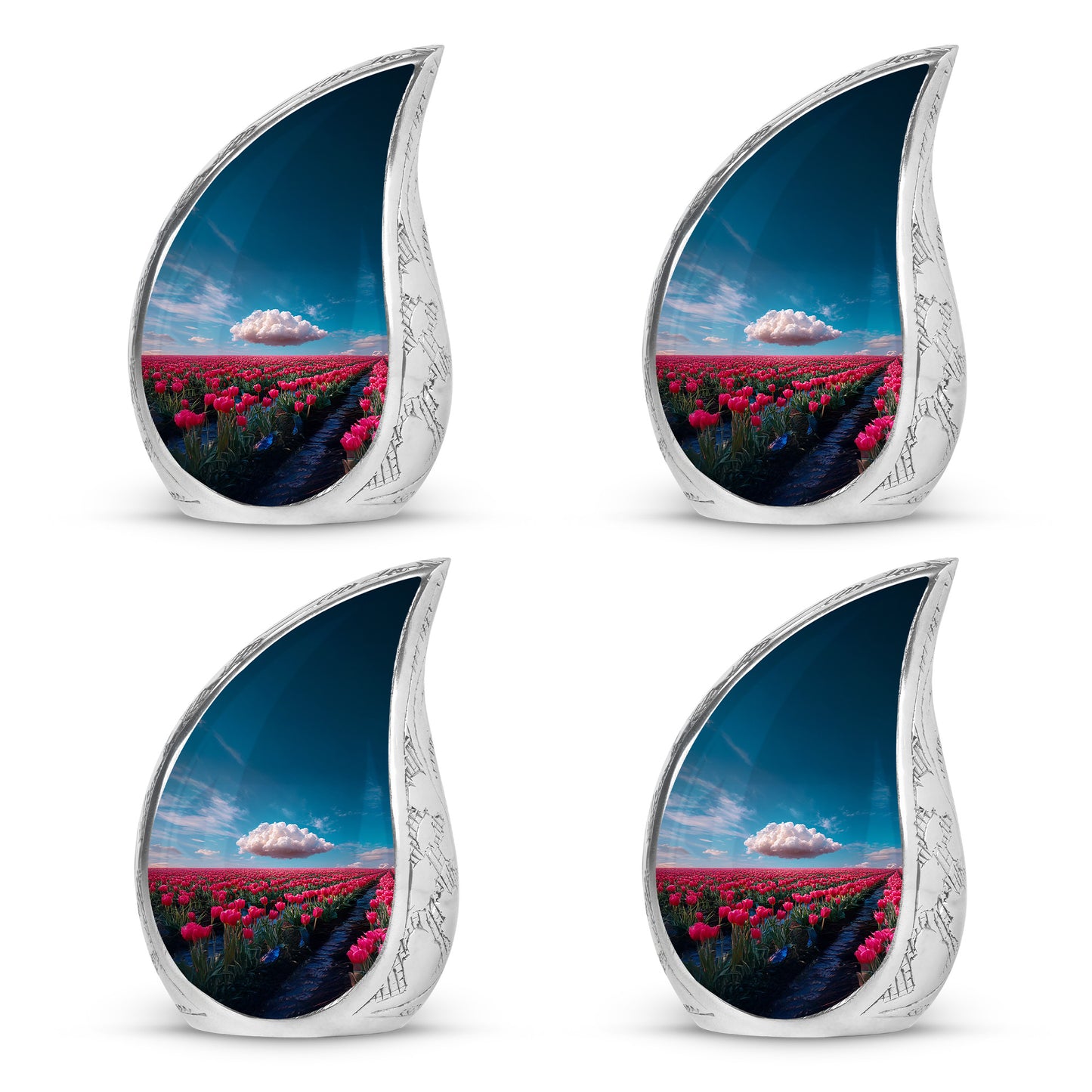 Cornflower Blue Garden Tulip Cremation Urn close-up of engraving and surface detail - smooth teardrop contour featuring garden tulip art - 10 inch aluminum urn for cremated remains