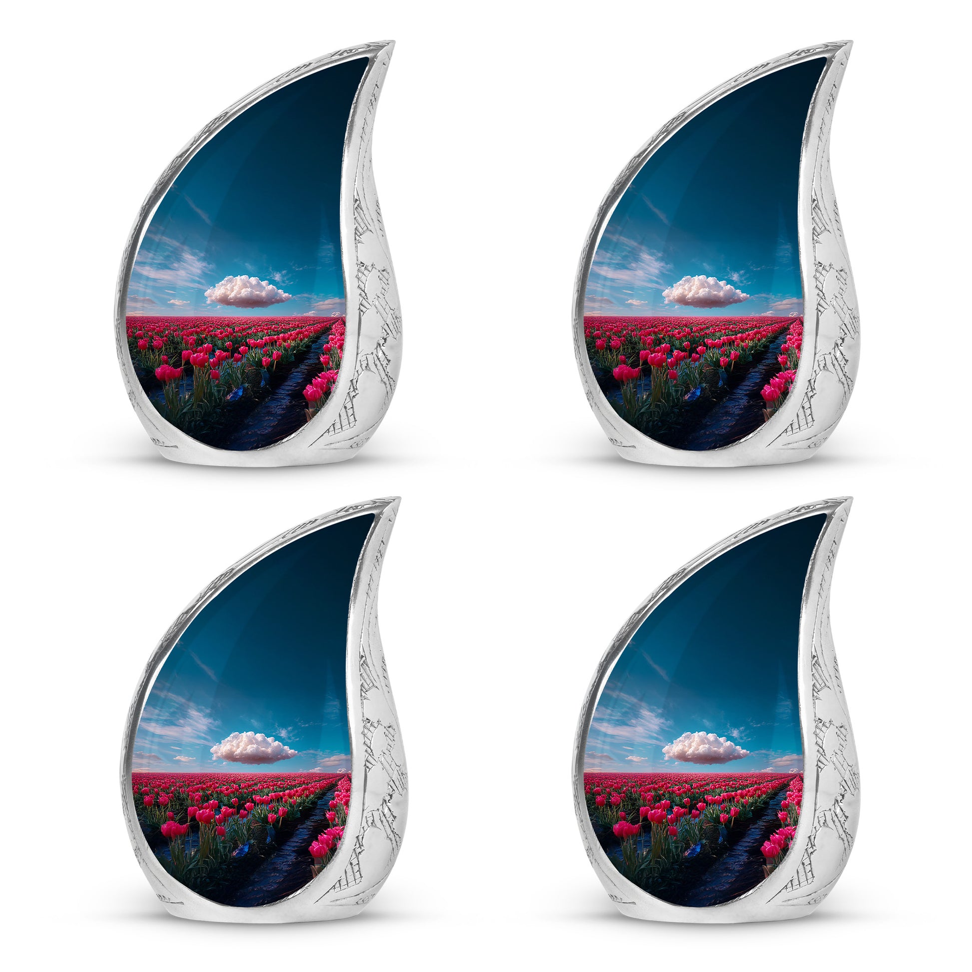 Cornflower Blue Garden Tulip Cremation Urn close-up of engraving and surface detail - smooth teardrop contour featuring garden tulip art - 10 inch aluminum urn for cremated remains