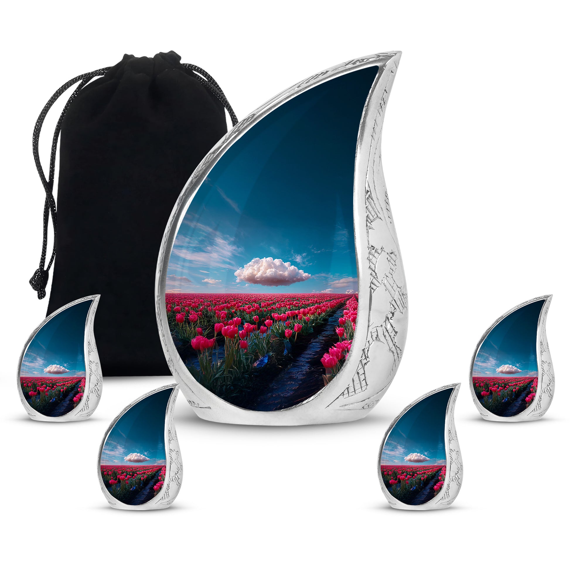 Bright Blue Garden Tulip Cremation Urn side profile showing urn shape - smooth teardrop contour featuring garden tulip art - memorial set with one large and four small urns