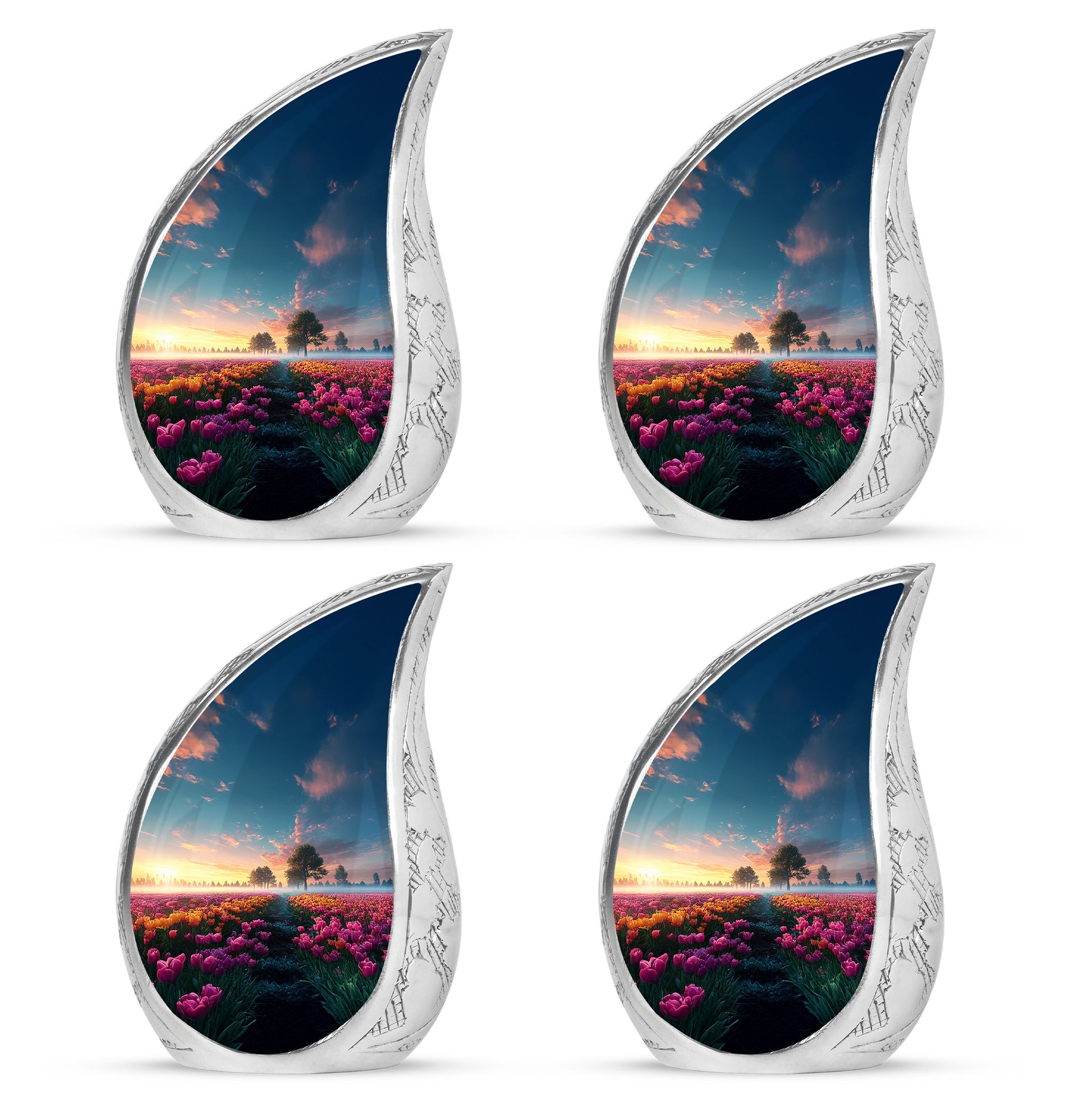 Pastel Blue Garden Tulip Cremation Urn close-up of engraving and surface detail - flowing teardrop garden tulip silhouette on curved aluminum - 10 inch aluminum urn for cremated remains