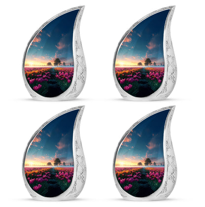 Pastel Blue Garden Tulip Cremation Urn close-up of engraving and surface detail - flowing teardrop garden tulip silhouette on curved aluminum - 10 inch aluminum urn for cremated remains