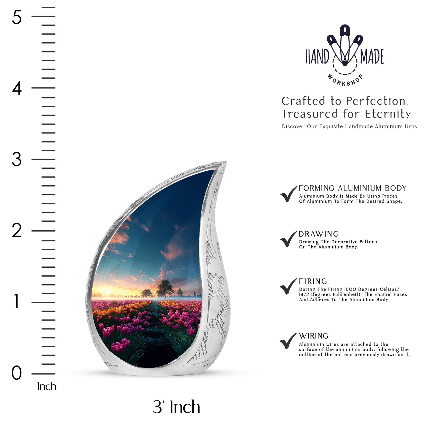 Celestial Blue Garden Tulip Cremation Urn angled view of lid and engraved motif - flowing teardrop garden tulip silhouette on curved aluminum - mini keepsake memorial for portion of cremation ashes