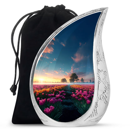Twilight Blue Garden Tulip Cremation Urn front view showing detailed design - smooth teardrop contour featuring garden tulip art - full-size 10 inch 200 cubic inch adult cremation urn