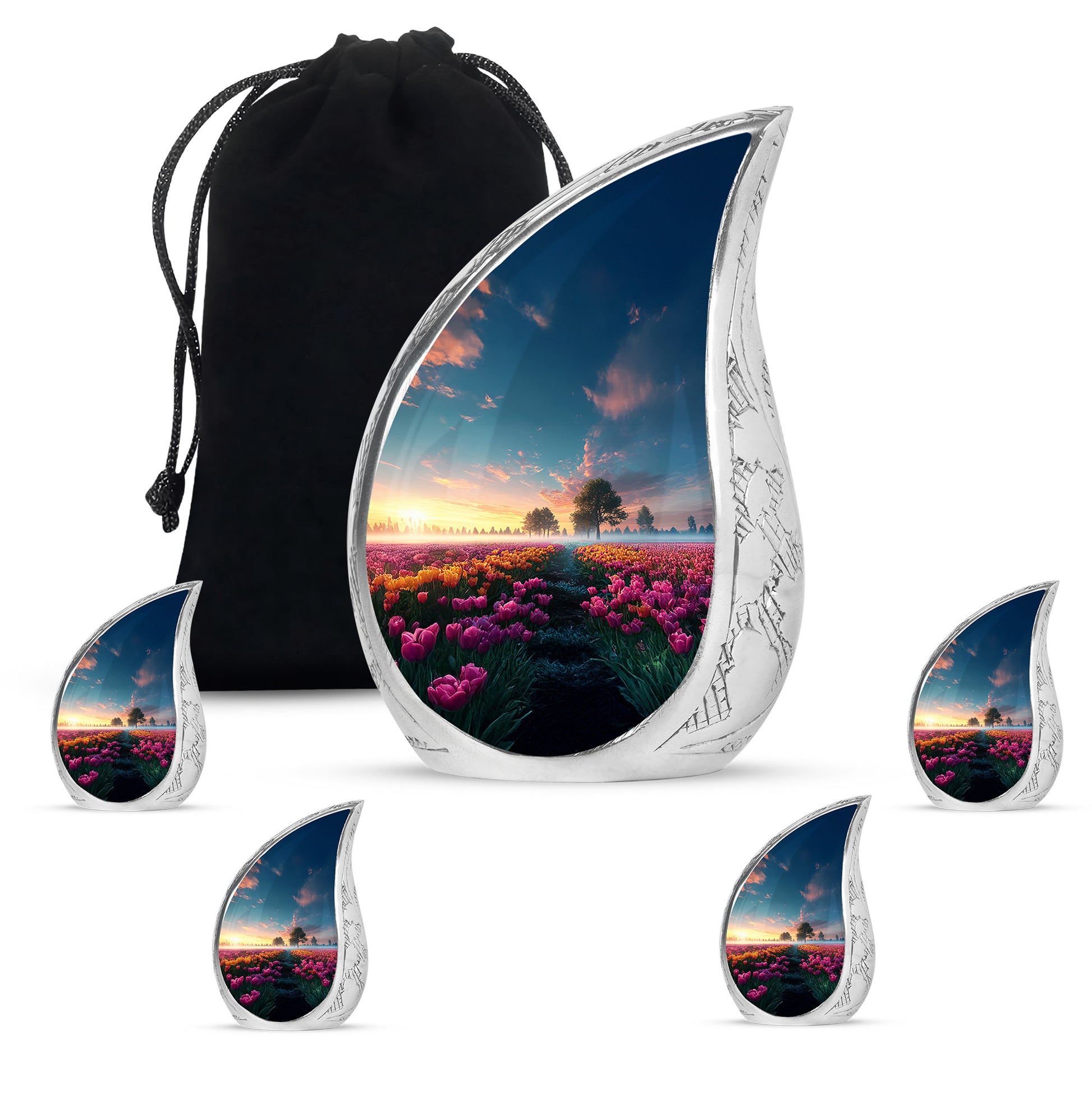 Azure Garden Tulip Cremation Urn side profile showing urn shape - rounded teardrop garden tulip design with delicate detail - memorial set with one large and four small urns