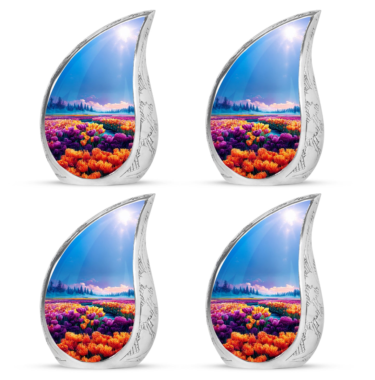 Indigo Garden Tulip Cremation Urn close-up of engraving and surface detail - flowing teardrop garden tulip silhouette on curved aluminum - 10 inch aluminum urn for cremated remains