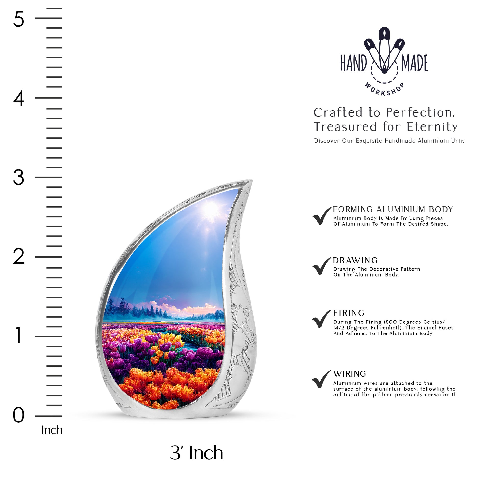 Dusty Blue Garden Tulip Cremation Urn angled view of lid and engraved motif - flowing teardrop garden tulip silhouette on curved aluminum - mini keepsake memorial for portion of cremation ashes