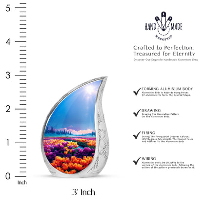 Dusty Blue Garden Tulip Cremation Urn angled view of lid and engraved motif - flowing teardrop garden tulip silhouette on curved aluminum - mini keepsake memorial for portion of cremation ashes
