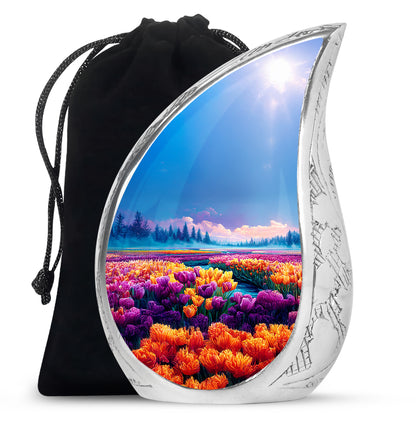Twilight Blue Garden Tulip Cremation Urn front view showing detailed design - graceful tear-shaped urn with garden tulip motif - full-size 10 inch 200 cubic inch adult cremation urn