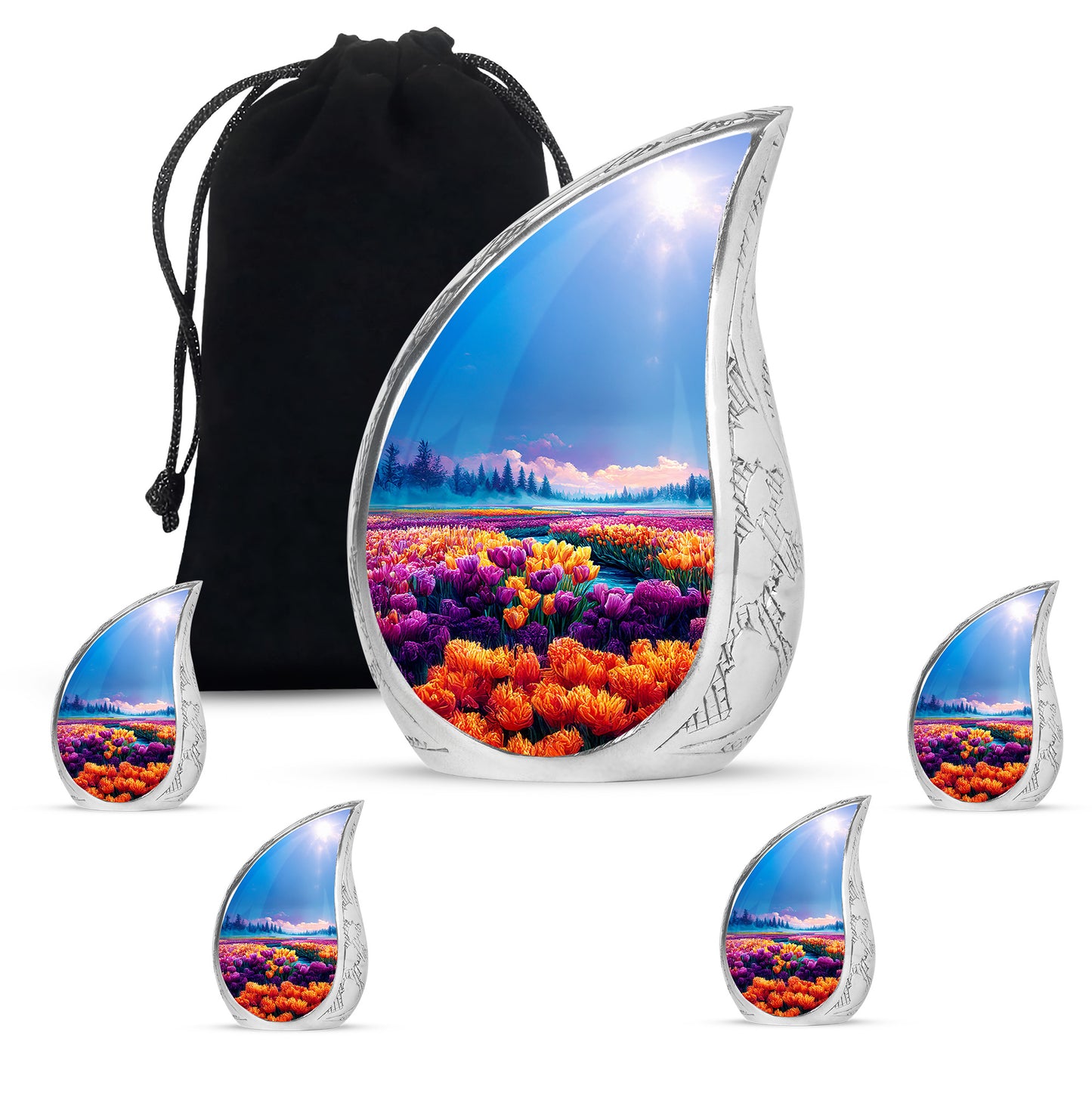 Sapphire Blue Garden Tulip Cremation Urn side profile showing urn shape - smooth teardrop contour featuring garden tulip art - memorial set with one large and four small urns