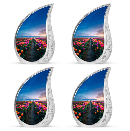 Azure Garden Tulip Cremation Urn close-up of engraving and surface detail - rounded teardrop garden tulip design with delicate detail - 10 inch aluminum urn for cremated remains
