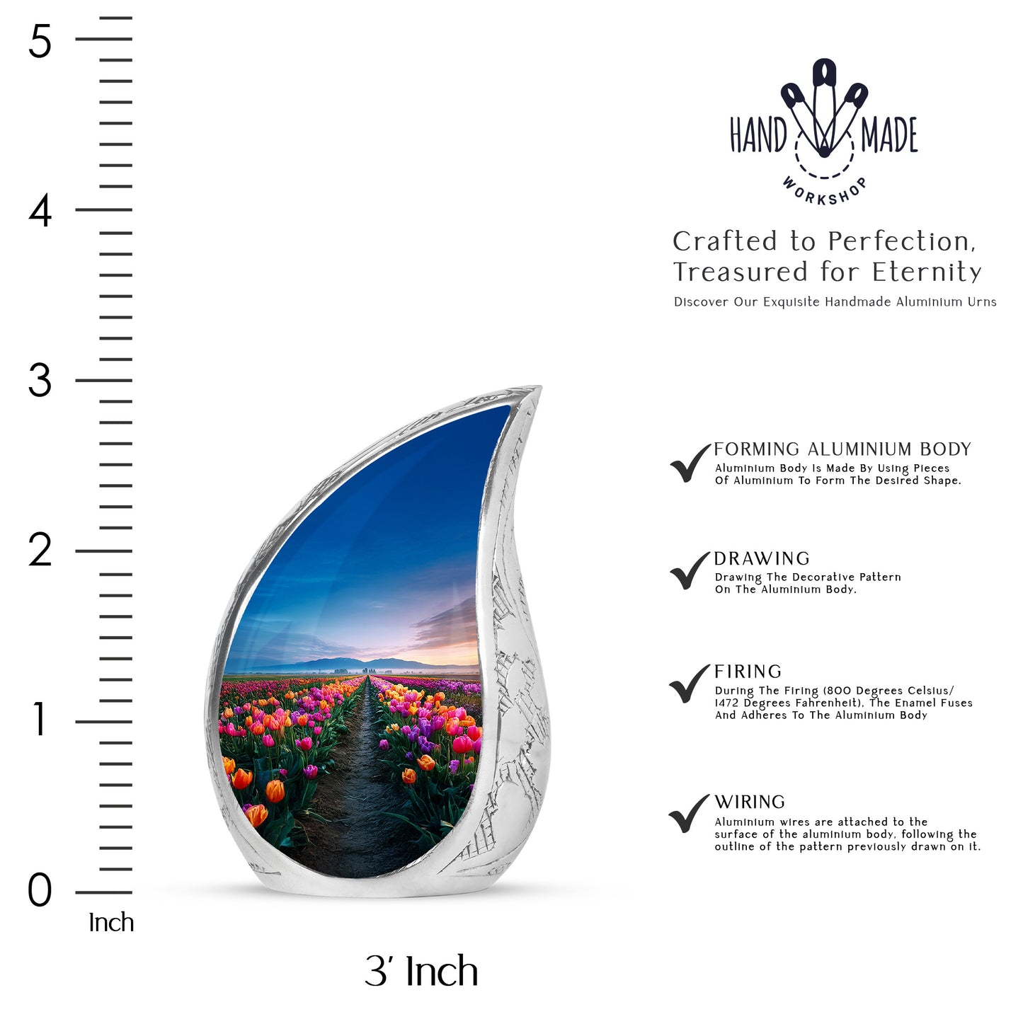 Dusty Blue Garden Tulip Cremation Urn angled view of lid and engraved motif - flowing teardrop garden tulip silhouette on curved aluminum - mini keepsake memorial for portion of cremation ashes