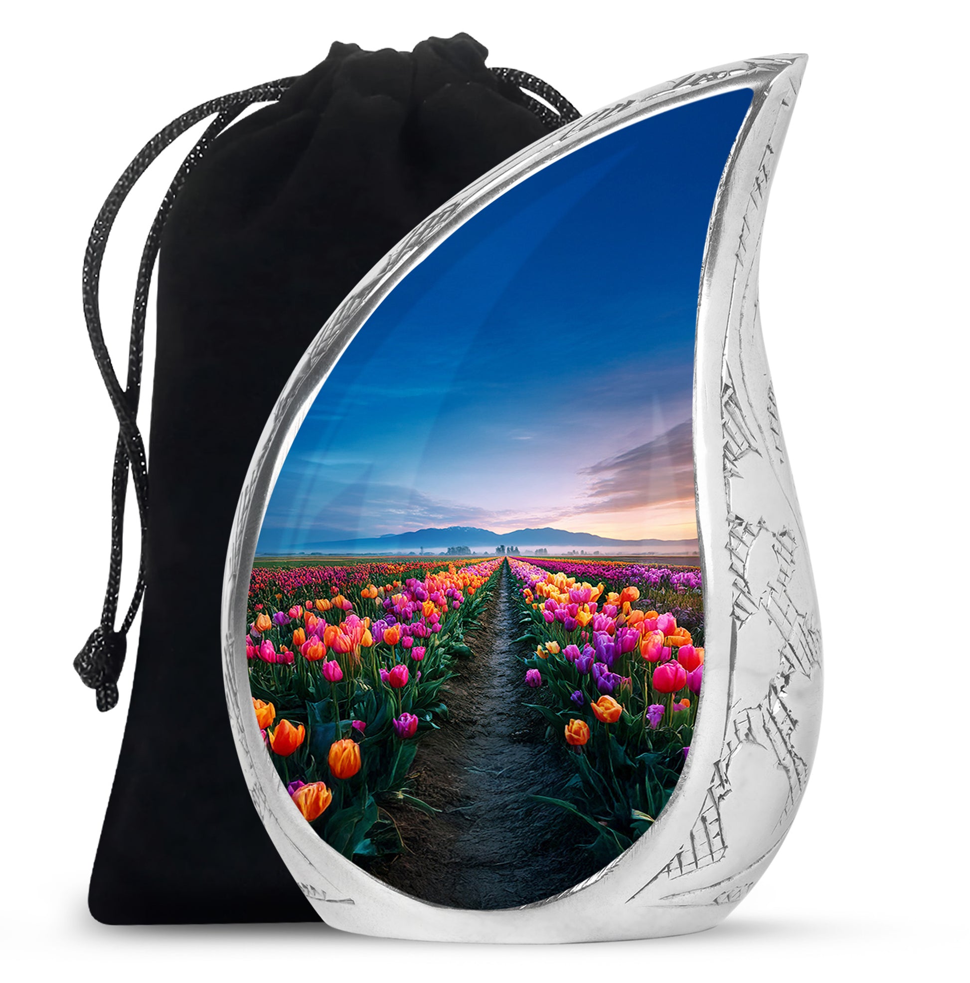 Steel Blue Garden Tulip Cremation Urn front view showing detailed design - smooth teardrop contour featuring garden tulip art - full-size 10 inch 200 cubic inch adult cremation urn